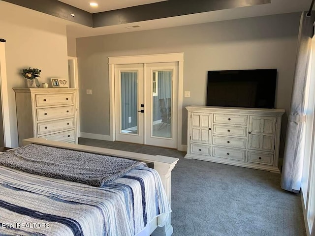 bedroom with access to exterior, carpet, baseboards, and french doors