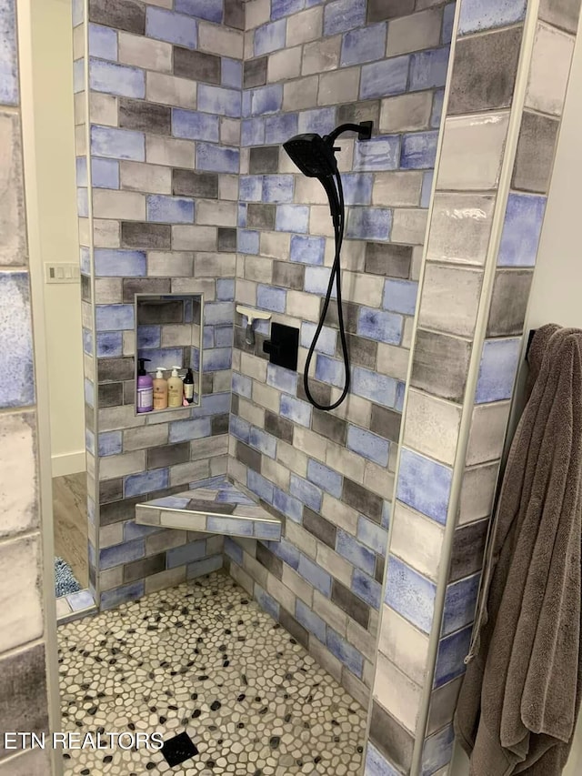 interior details featuring a tile shower