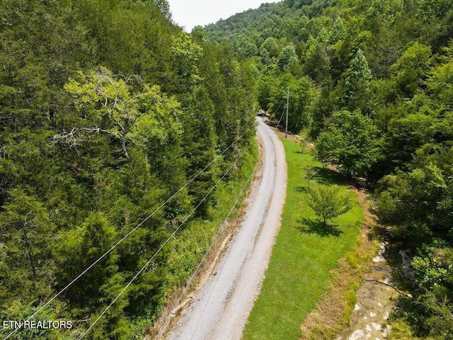 view of road with a forest view