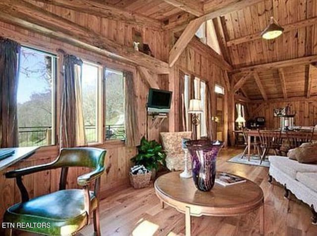 360 Spurlock Hollow Ln, Gainesboro, TN 38562 - sitting room with wood ceiling, wood walls, lofted ceiling with beams, and wood finished floors