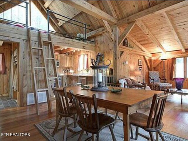 360 Spurlock Hollow Ln, Gainesboro, TN 38562 - dining area featuring wood walls, wood finished floors, visible vents, wood ceiling, and beamed ceiling