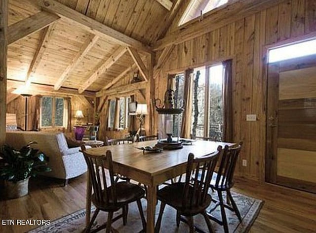 360 Spurlock Hollow Ln, Gainesboro, TN 38562 - dining space featuring vaulted ceiling with beams, wooden ceiling, wooden walls, and wood finished floors