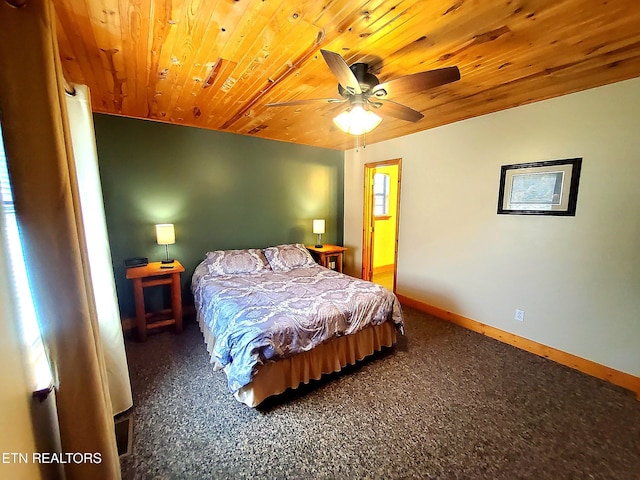 bedroom with wood ceiling, baseboards, and ceiling fan