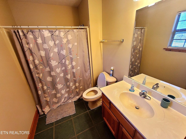 full bathroom with toilet, vanity, a shower with shower curtain, and tile patterned floors