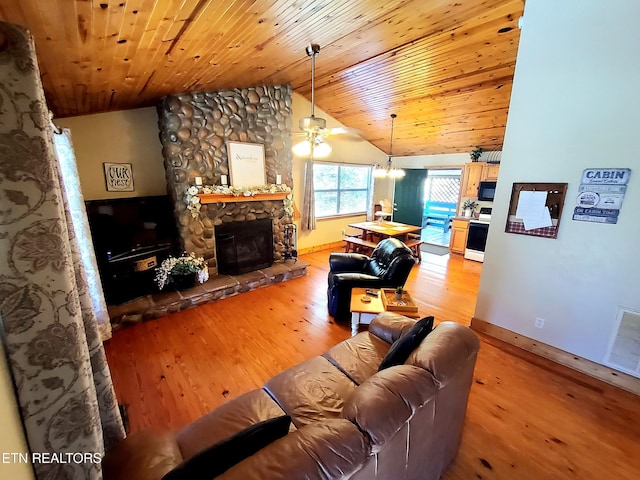 living area featuring wooden ceiling, light wood-style floors, a fireplace, and lofted ceiling