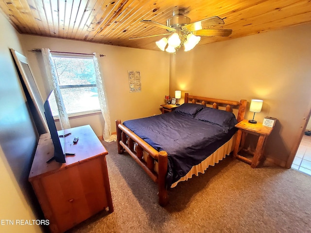 carpeted bedroom featuring wooden ceiling and ceiling fan