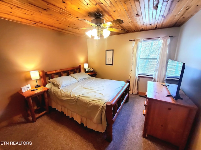 carpeted bedroom featuring ceiling fan and wooden ceiling