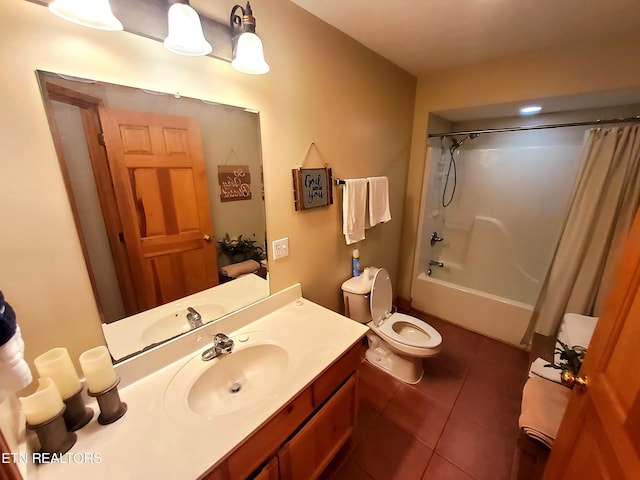 full bathroom featuring toilet, vanity, shower / bath combination with curtain, and tile patterned floors