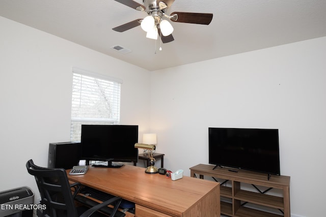 office space featuring ceiling fan and visible vents