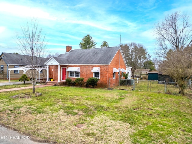 view of front of house with brick siding, a chimney, a gate, crawl space, and fence