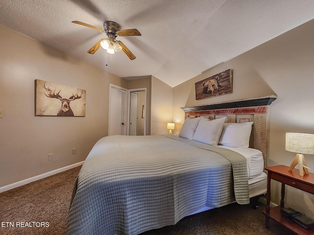 bedroom featuring a textured ceiling, ceiling fan, carpet, and baseboards