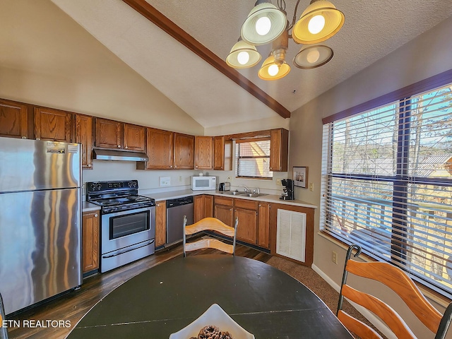 kitchen featuring lofted ceiling, appliances with stainless steel finishes, light countertops, under cabinet range hood, and a sink