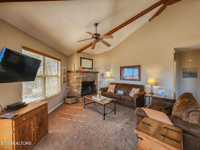 carpeted living room featuring ceiling fan, a stone fireplace, a textured ceiling, high vaulted ceiling, and beamed ceiling