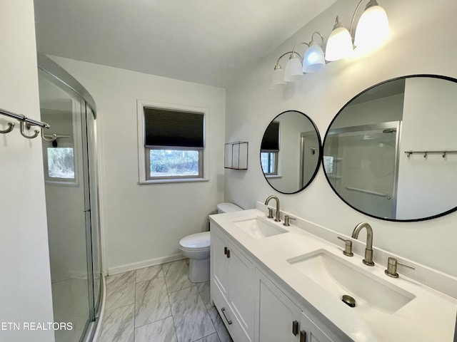 full bath with an enclosed shower, toilet, marble finish floor, and a sink