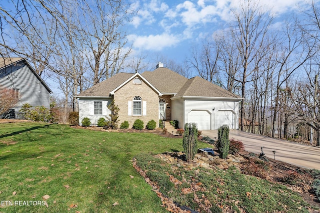 ranch-style house with an attached garage, a front lawn, roof with shingles, a chimney, and driveway