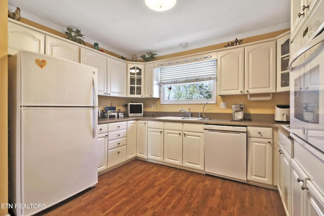12 Killearn Ct, Crossville, TN 38558 - kitchen with a sink, glass insert cabinets, white appliances, and dark wood-type flooring