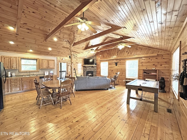 dining area with light wood-style flooring, wood ceiling, vaulted ceiling with beams, a stone fireplace, and wood walls