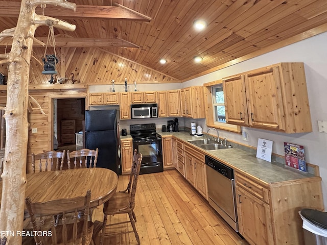 kitchen with light wood-style floors, lofted ceiling with beams, wooden ceiling, black appliances, and a sink