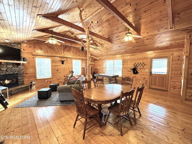 dining area with light wood-type flooring, wooden ceiling, wood walls, and a stone fireplace