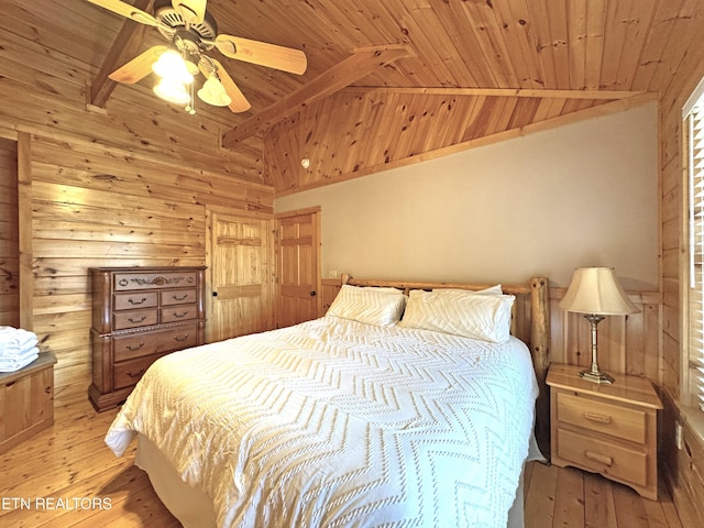 bedroom featuring wooden ceiling, wood walls, vaulted ceiling with beams, and light wood-style flooring