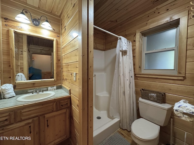 full bathroom featuring wooden ceiling, toilet, wood walls, vanity, and a stall shower