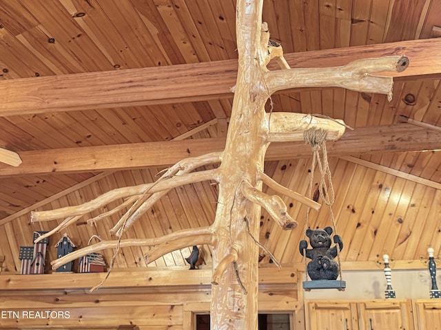 room details with wooden ceiling, beamed ceiling, and wooden walls