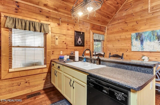 kitchen featuring lofted ceiling, visible vents, wood ceiling, a sink, and dishwasher