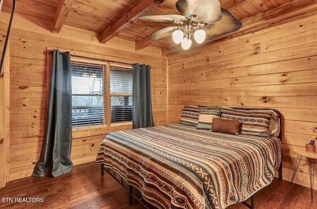 bedroom featuring beamed ceiling, wood walls, dark wood finished floors, and wood ceiling