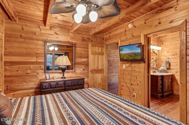 bedroom featuring wood ceiling and wooden walls