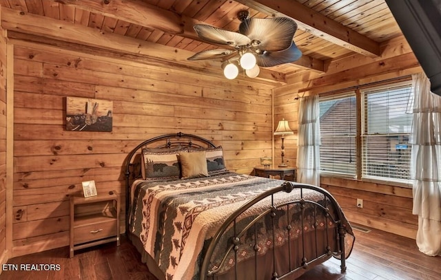 bedroom with dark wood finished floors, wood ceiling, wood walls, and beam ceiling