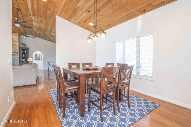 dining room featuring lofted ceiling, wooden ceiling, baseboards, and wood finished floors