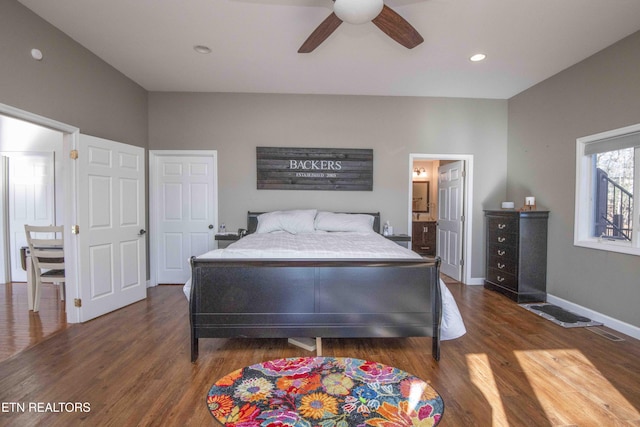 bedroom with visible vents, baseboards, dark wood-style floors, ceiling fan, and recessed lighting