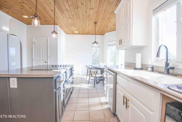 kitchen featuring stainless steel dishwasher, wood ceiling, light tile patterned flooring, a sink, and white cabinetry