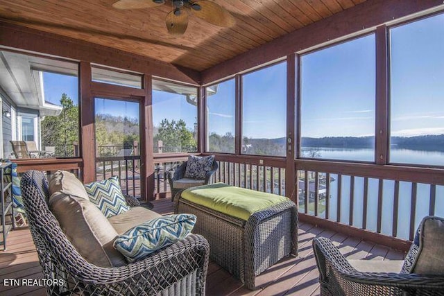 sunroom featuring wooden ceiling, a water view, and ceiling fan