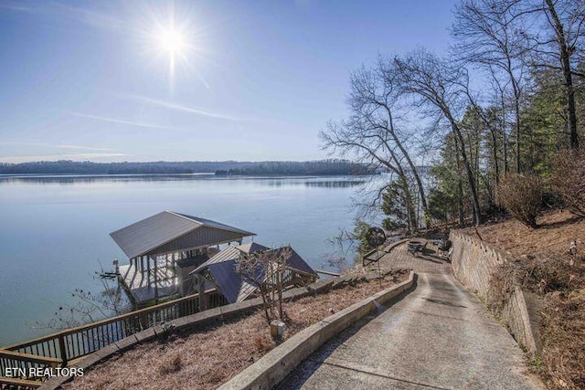 view of water feature with a boat dock