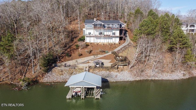 drone / aerial view featuring a water view