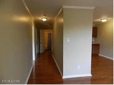 hallway with baseboards, crown molding, and dark wood finished floors