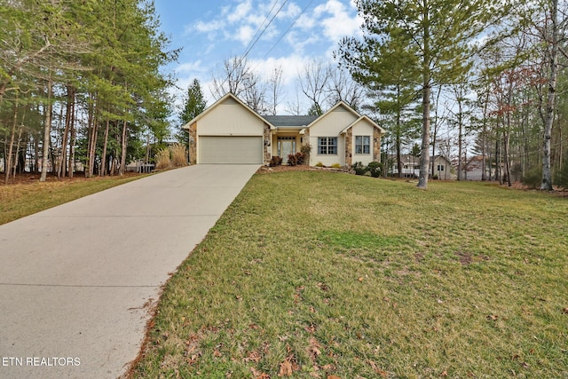 ranch-style house with a garage, concrete driveway, and a front lawn