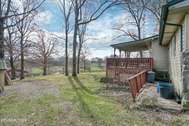 view of yard featuring fence and a wooden deck