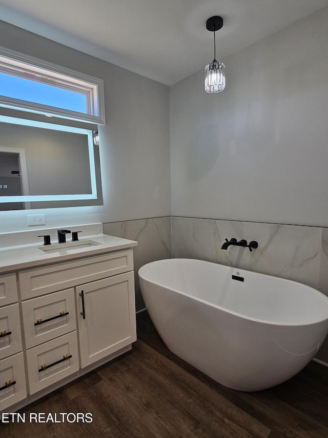 full bathroom featuring a freestanding bath, a wainscoted wall, wood finished floors, and vanity