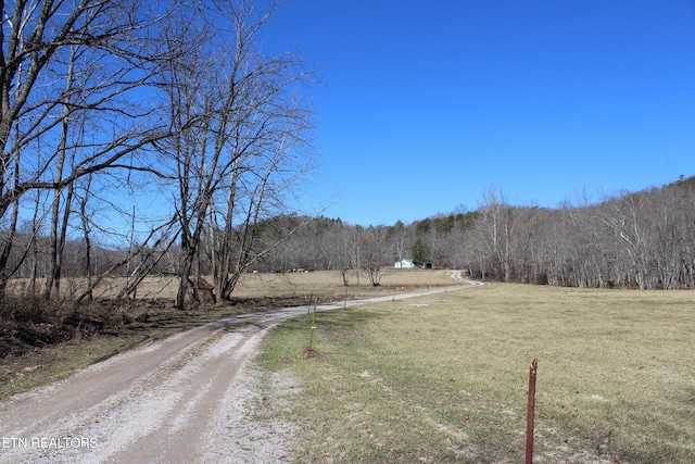 view of road featuring a rural view and a view of trees