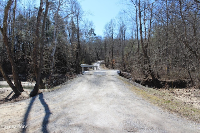 view of road with a forest view