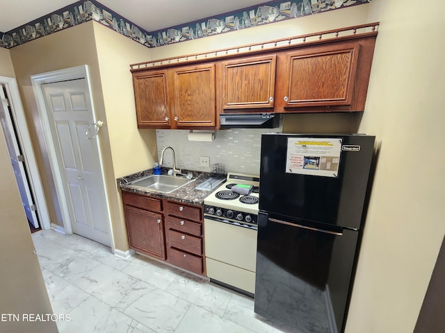 kitchen featuring marble finish floor, white electric range, freestanding refrigerator, a sink, and exhaust hood