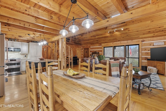 dining room featuring beamed ceiling, light wood-type flooring, wooden ceiling, and wooden walls