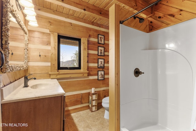 full bath with a shower, wood walls, wooden ceiling, and toilet