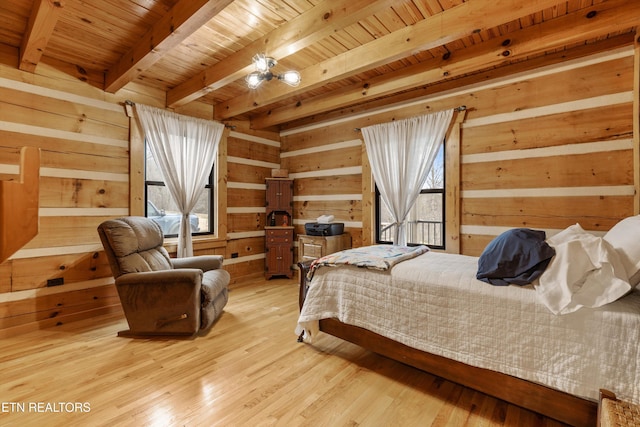 bedroom with light wood-style floors, wood ceiling, beam ceiling, and wood walls