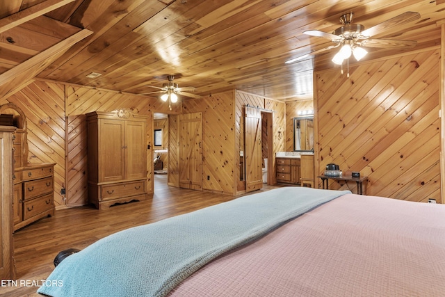 bedroom featuring wood ceiling, a ceiling fan, and wood finished floors