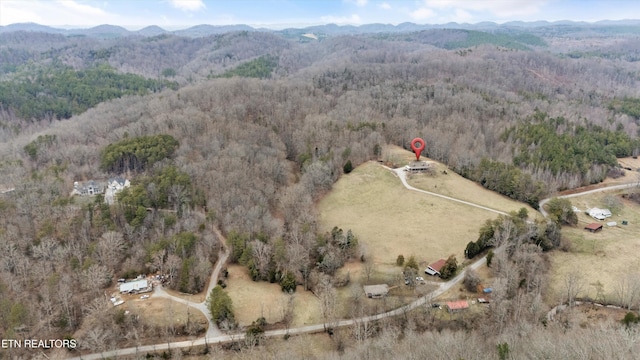 birds eye view of property featuring a mountain view and a view of trees