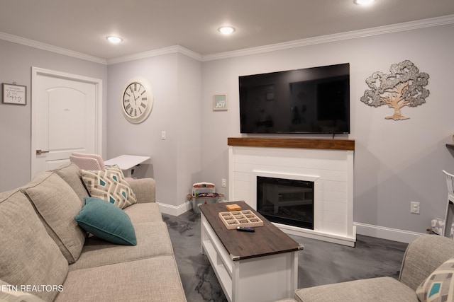 living area featuring baseboards, ornamental molding, and a glass covered fireplace