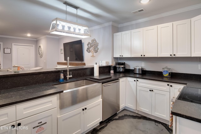 kitchen featuring visible vents, white cabinets, crown molding, stainless steel dishwasher, and a sink